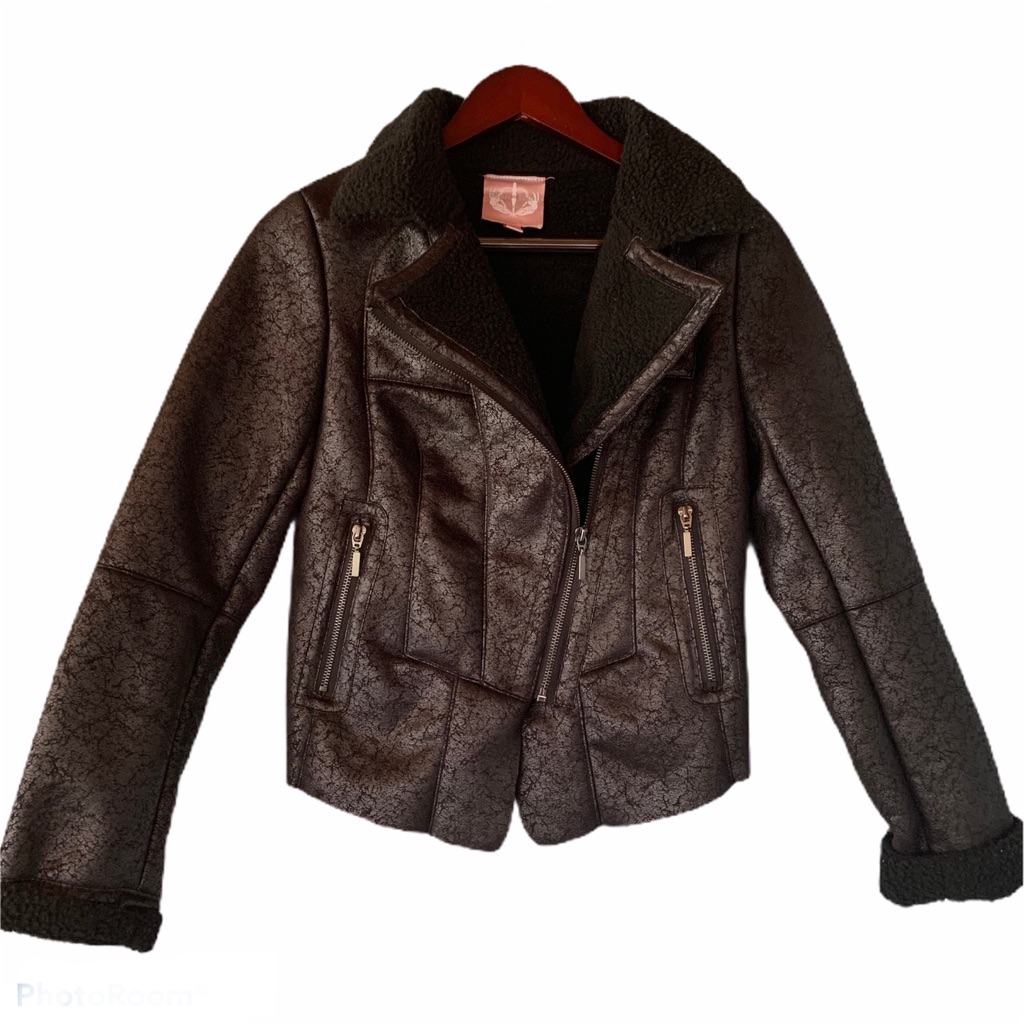 Romeo & Juliet Couture Moto Jacket Small Black Faux Leather Distressed Sherpa